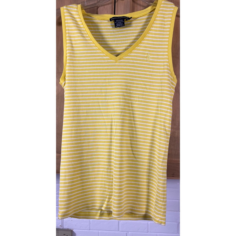 Ralph Lauren Sport Tank Top Womens Large Yellow Striped V-Neck Pima Cotton Blend